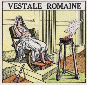 Las fuentes de luz: una vestal en el Imperio Romano para mantener un fuego sagrado que nunca debe extinguirse. Ilustración anónima de 1925. Colección privada.