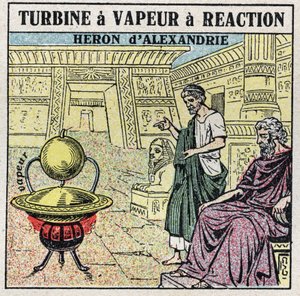 La máquina de vapor: una turbina de vapor de reacción. Eolípila inventada por el griego Herón de Alejandría en el siglo I d.C. Ilustración anónima de 1925. Colección privada. de Anonymous Anonymous
