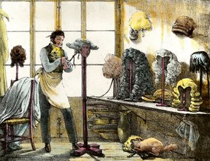El peluquero peinando una peluca de catogan, peluquero de hombres. Grabado de Mirror shows, letters, meds, etc. The arts 1821-1823 Colección privada de Anonymous Anonymous