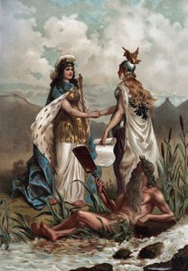 Guerra de los Treinta Años (1618-1648): alegoría del Tratado de Westfalia en 1648. Cromolitografía en 