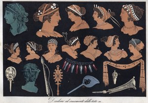 Tiaras y adornos de cabezas en la antigua Grecia - grabado de “Usi e Costumi di Tutti i Popoli dell