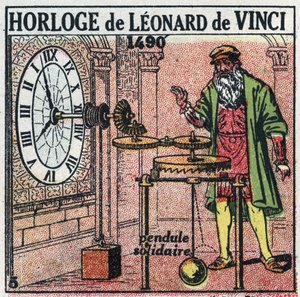 Tiempo: reloj de peso inventado por Leonardo da Vinci (1452-1519) en 1490. Reemplaza el volante con un equilibrio vertical. Ilustración anónima de 1925. Colección privada. de Anonymous Anonymous