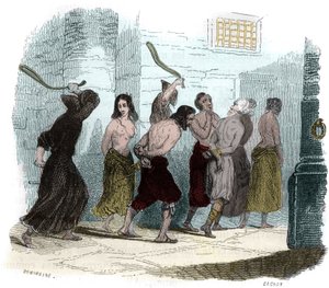 Tortura durante la Inquisición en España en el siglo XVI: El tormento del látigo. Ilustración en “Misterios de la Inquisición y otras sociedades secretas de España” de Victor de Fereal, Suberwick, Manuel Galo de Cuendias. Publicado por P. Boizard