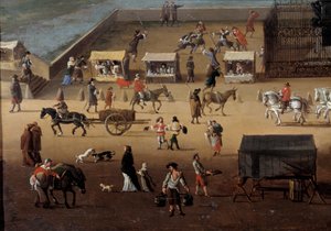 Tráfico en el Pont Neuf en París en el siglo XVII (detalle)