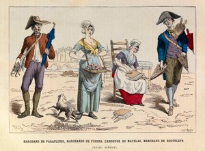 Vendedor de paraguas, vendedor de flores, cardador de colchones y vendedor de fuelles en París en el siglo XVIII - Colección privada de Anonymous Anonymous