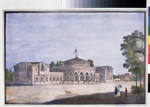 Una estación de tren y un restaurante francés en Catharinhof (Estación de tren y restaurante francés en Catharinhof). Litografía anónima, coloreada a la acuarela, 22 x 33 cm