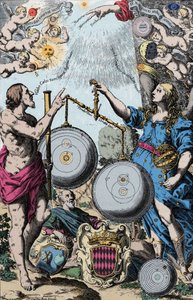 Urania, la Musa de la Astronomía representada frente a Argus, sosteniendo un telescopio. Pesan y comparan el sistema de Copérnico (izquierda) y el de Giovanni Riccioli inspirado en el de Tycho Brahe (que combina las visiones geocéntricas de Ptolomeo) de Anonymous Anonymous