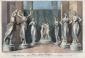 Varias esculturas de Canova - Las Tres Gracias - Hebe - Las Tres Gracias Bailando - Venus Italica - Musa - grabado de "Usi e Costumi di Tutti i Popoli dell