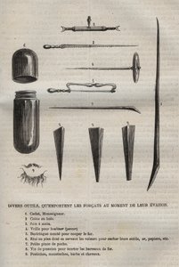 Varios herramientas que los forzados llevan cuando escapan. Grabado en "Histoire des bagnes depuis leur création à nos jours" (1877) por Pierre Zaccone (1817-1895) de Anonymous Anonymous
