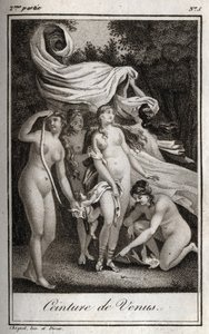 Cinturón de Venus: Mientras la batalla continúa beneficiando a los troyanos, Juno usa el cinturón de Venus para encantar a Júpiter y dormirlo. Grabado de 1819 en 