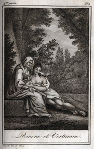Vertumno y Pomona (Júpiter y Ceres): Vertumno, enamorado de la ninfa Pomona, se disfraza de anciana para acercarse a ella. Grabado de 1819 en "Lettres a Emilie sur la mythologie" de Charles Albert Demoustier (1760-1801). Colección privada. de Anonymous Anonymous
