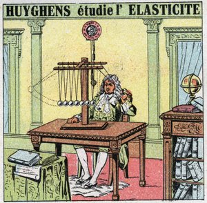 Movimientos vibratorios: Christiaan Huygens (1629-1695) estudia la elasticidad del material observando cuentas de marfil. Ilustración anónima de 1925. Colección privada. de Anonymous Anonymous