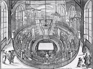 Vista de un teatro anatómico probablemente en la Universidad de Leiden a principios del siglo XVII (grabado) de Anonymous Anonymous