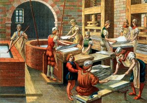 Vista de un taller de fabricación de papel en Fabriano en el siglo XVI, Italia. Los diferentes pasos. Ilustración de Anonymous Anonymous