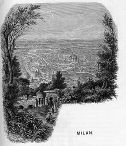 Vista de la ciudad de Milán (Milano), Italia. Grabado de 1859 en les galeries de l
