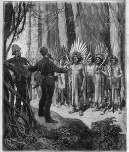 Viaje de Henri Coudreau (1859-1899), profesor de geografía y explorador en el territorio indígena de Guayana - recibido por los jefes Roucouyan - grabado en 