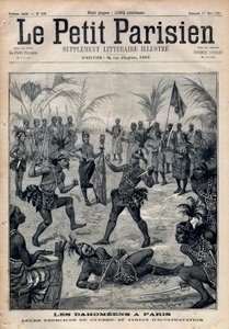 Ejercicios de guerra: Amazonas, guerreros y feticheurs dahomeanos (ahora Benín) del jardín de aclimatación en París (Zoo Humano). Grabado en “Le petit Parisien” de 1891. Colección privada. de Anonymous Anonymous