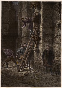 Guerra de Religiones - Iconoclasmo - Destrucción de objetos sagrados por herejes (protestantes) en el siglo XVI en Francia - Herejes iconoclastas en Francia - Furia iconoclasta - Protestantes destruyen imágenes de María y el Niño Jesús - grabado de “L