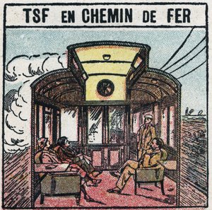Telefonía inalámbrica: T.S.F. en un vagón de tren. Ilustración anónima de 1925. Colección privada. de Anonymous Anonymous