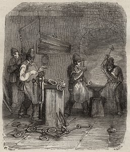 Fuerzas obreras en el Bagne de Rochefort en el siglo XIX. Grabado en “Histoire des bagnes depuis leur creación à nos jours” (1877) por Pierre Zaccone (1817-1895). Colección privada.