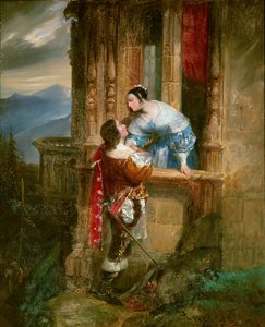 Joven cortejando a una dama en su balcón. Ilustración para “Romeo y Julieta” de William Shakespeare