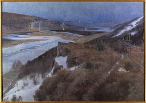 Nuit de Walpurgis a Bergslagen - Noche de Walpurgis en Bergslagen, Grangaerde en Dalarna, por Schultzberg, Anshelm Leonard (1862-1945). Óleo sobre lienzo de Anshelm Schultzberg