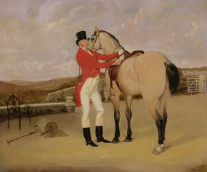 James Taylor Wray de la caza de Bedale con su cazador dun de Anson A. Martin