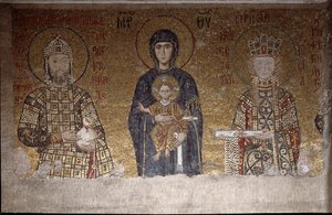 La Virgen sentada entre Juan II Komnenos y su esposa Irene de Hungría (mosaico, siglo VI) de Anthemius of and Miletus Isidore of Tralles