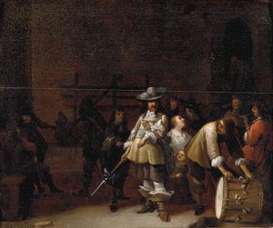 Interior de una sala de guardia con un caballero conversando con un tamborilero de Anthonie Palamedesz