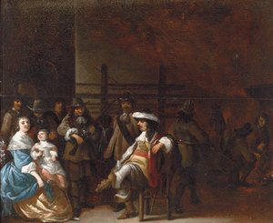 Interior de una sala de guardia con un caballero conversando con una madre y un niño de Anthonie Palamedesz