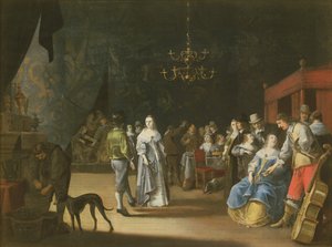 El banquete, una pareja bailando con festines y celebraciones en el fondo de Anthonie Palamedesz