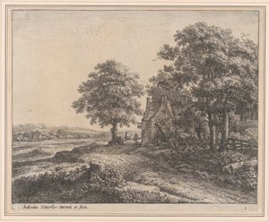Un gran árbol de tilo frente a una posada de Anthonie Waterloo