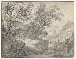 Paisaje de montaña con árboles y un puente sobre un arroyo de Anthonie Waterloo