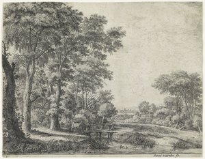 Borde del bosque con un puente de madera Grandes paisajes, serie A (título de la serie) de Anthonie Waterloo