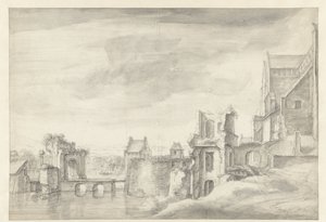Vista de las ruinas en la orilla de un río (¿St. Walburgkerk en Arnhem?) de Anthonie Waterloo