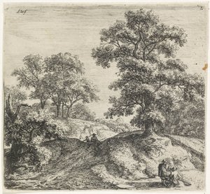 Roble grande al lado de un camino Vistas al bosque, serie B (título de la serie) de Anthonie Waterloo
