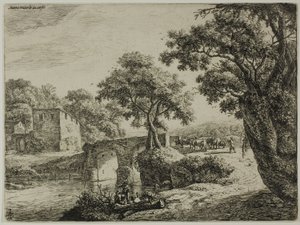 Manada cerca de un puente de piedra de Anthonie Waterloo