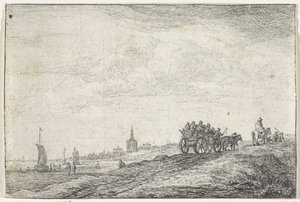 Costa de carruajes tirados por caballos Paisajes con edificios (título de la serie) de Anthonie Waterloo
