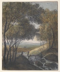 Paisaje con un viajero cruzando un puente (anverso); Bocetos de una puerta, un puente y un ayuntamiento (reverso) de Anthonie Waterloo