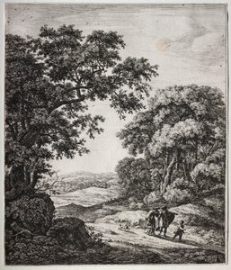 Seis grandes paisajes verticales con escenas del Antiguo Testamento: Abraham despidiendo a Agar e Ismael de Anthonie Waterloo