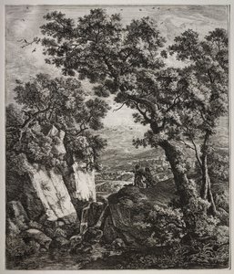 Seis grandes paisajes verticales con escenas del Antiguo Testamento: Tobías y el ángel de Anthonie Waterloo