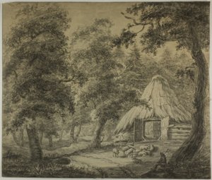 Cabaña de Paja en el Bosque con Pastor y Ovejas de Anthonie Waterloo