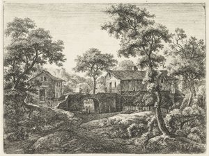 Puerta de entrada de un pueblo Paisajes, serie A (título de la serie) de Anthonie Waterloo