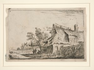 Pueblo con molino de agua, de un conjunto de 12 grabados de paisajes de Anthonie Waterloo