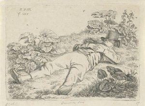 Hombre acostado en la hierba Granjero de Drentsche (título sobre el objeto) de Anthonie Willem Hendrik Nolthenius de Man