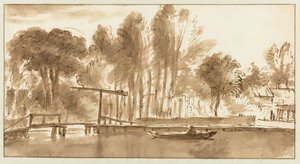 Paisaje fluvial arbolado con puente levadizo de Anthonie van Borssom (attributed to)