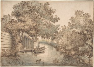 Canal con una barca y patos de Anthonie van Borssom