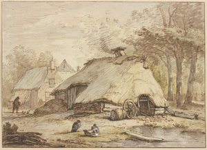Tres cabañas bajo los árboles, con tres patos sentados en primer plano de Anthonie van Borssom