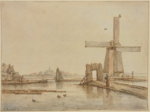 Molino de viento sobre un estrecho dique, tres patos en primer plano de Anthonie van Borssom