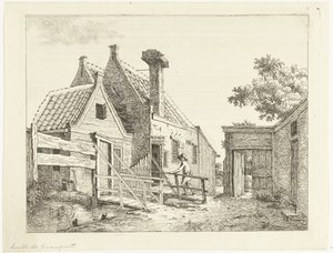 El muchacho camina sobre el puente de madera Fuera de la puerta de la ventana (título sobre el objeto) de Anthonie van den Bos